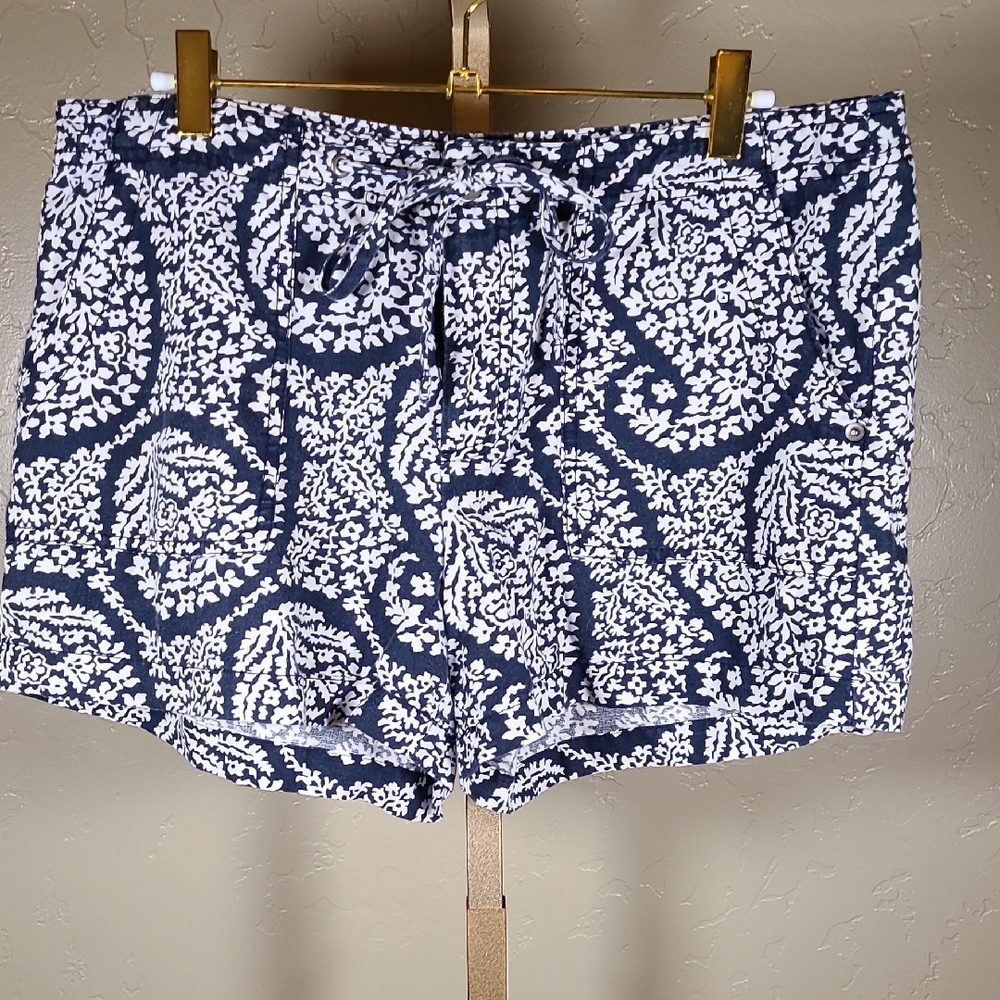 GAP Navy White Floral Tie Waist Linen Blend Shorts Size 10